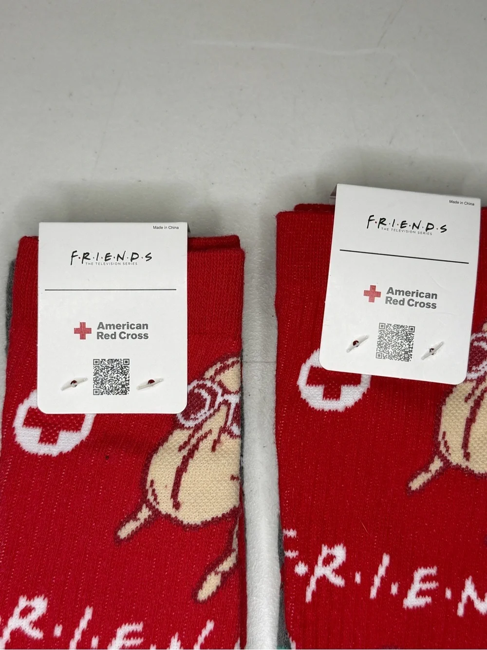 FRIENDS Men's Novelty Crew Socks - Red & Gray with Teal Accents
